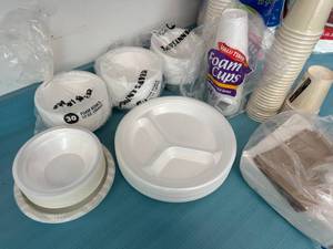 lot 92 image: Paper Products - Styrofoam Plates and Bowls, Paper Coffee Cups and Box of Domed Hot Cup Lids (mostly full)
