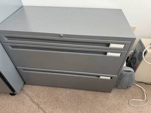 lot 134 image: Utility Locker and Pair of Gray Three Drawer File Cabinets