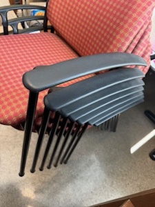 lot 11 image: Seven Stackable Chairs MaroonGold Checker Pattern