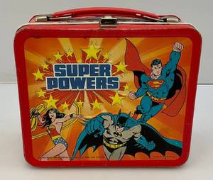 lot 38 image: 1983 Embossed Super Powers Metal Aladdin Lunch Box (NO Thermos)