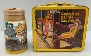 lot 39 image: 1982 Embossed Mcdonalds Metal Aladdin Lunch Box (With Thermos)
