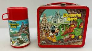 lot 52 image: 1980 Embossed Walt Disney WORLD ON ICE  Wonderful World  Metal Aladdin Lunch Box (With Thermos)