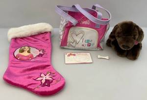 lot 70 image: Vintage 2007 Barbie Puppy Dog 10 Barks, Pants & Growls With Barbie Dog Carrier Tote Bag & More