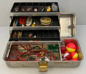 lot 79 image: Vintage Aluminum Tackle Box With Tackle