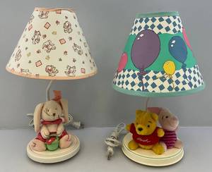 lot 146 image: Winnie The Pooh & Piglet Lamp Disney Dolly Inc. Vintage Model 0599 & Lullaby Club Rabbit Lamp