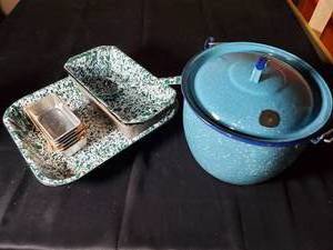 lot 122 image: Vintage Enamelware Kitchen Set with Splotched Design