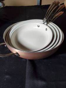 lot 123 image: Copper and White Ceramic Cookware Set - 5 Pieces