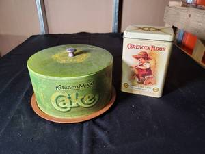 lot 141 image: Vintage KitchenMaid Cake & Cresota Flour Tins