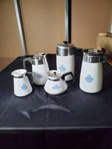 lot 148 image: Vintage Coffee & Tea Carafe Set with Blue Floral Design