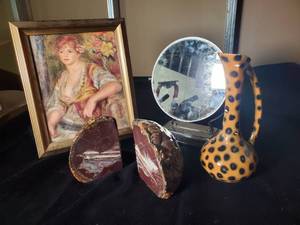 lot 173 image: Decorative Odds & Ends Lot Artwork, Vase, Vintage Mirror, and Stone Bookends