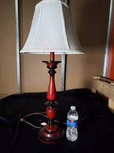 lot 183 image: Vintage Red Wooden Table Lamp with Fabric Shade