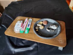 lot 200 image: Miscellaneous Lot Rolling Cart with Electrical Fuses and Decorative Bowl