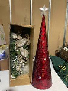 lot 90 image: Elegant Holiday Decor Set Large Elf Cone Cap with Star & Wreath-Like Decorations