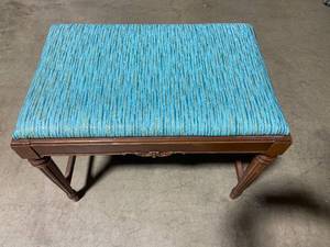 lot 205 image: Vintage Wooden Stool with Blue Cushioned Seat