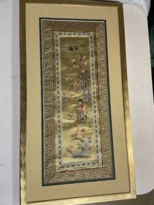 lot 209 image: Assorted Framed Artwork Lot Asian-Inspired Embroideries & Oil Paintings