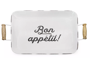 2 Pack Lot AuldHome Design White Enamelware Bon Appetit Tray Distressed Farmhouse Style Metal Decorative Serving Platter