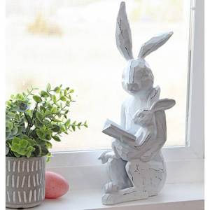 Reading Rabbit Figurine with Baby Rabbit, Farmhouse White Bunny Statue