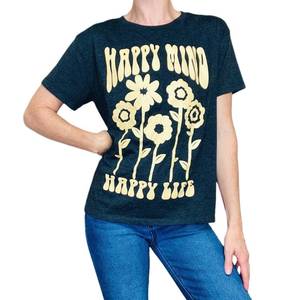 Modern Lux Womens Size S Charcoal Gray Happy Mind Happy Life Short Sleeve Tee