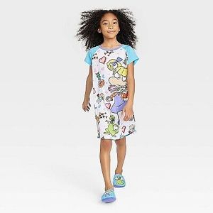 12 Pack Lot Girls Rugrats NightGown with Slippers Pajama Set - BlueWhite 4-5