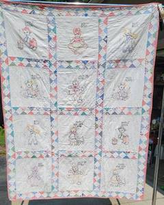 lot 116 image: Darling Nursery Rhyme Embriodered Feed Sack Childs Quilt