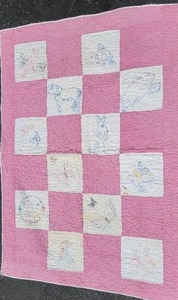 lot 119 image: Vintage Feed Sack Pink Quilt 12 Block Embriodered Nursery Quilt
