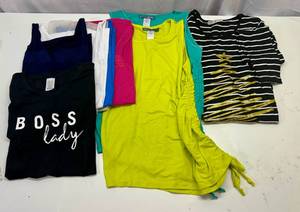 lot 11 image: MM. New-Boss Lady T-Shirt, 4 Square Neck Lace Tanks, 2 Side Cinched Tanks & Dancing Tree Long Sleeve Tshirt, Pants & Dress & Socks