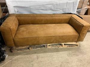 lot 33 image: 3 Seat Low Back Style Over Stuffed Sofa
