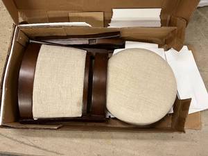 lot 37 image: Cherry Finish 24 H Beige Linen Swivel Chair