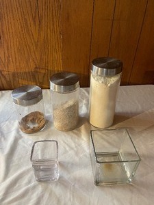lot 222 image: 3 Large containers, glass with lids and 3 smaller containers