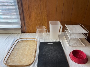 lot 223 image: Kitchenware, cutting board, basket and pitchers
