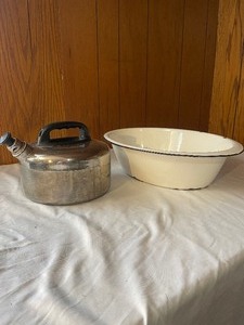 lot 238 image: Enamel pan and teapot...