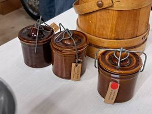 lot 114 image: Lot of (3) Ceramic Locking Crock Containers