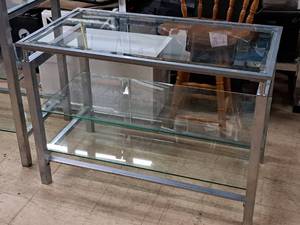 lot 5 image: Metal  Glass Top Entry Table with 2 Glass Shelves