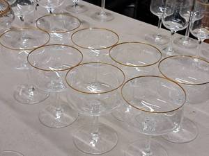 lot 29 image: Lot of (8) Lennox 5 Crystal Dessert Stem Glasses with Gold Trim