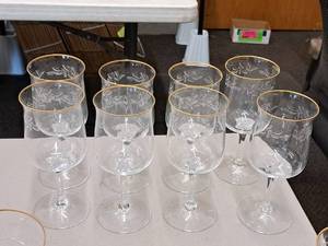 lot 31 image: Lot of (8) Lennox 7 Crystal Stem Glasses with Gold Trim