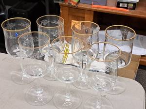lot 30 image: Lot of (7) Lennox 6 Crystal Stem Glasses with Gold Trim
