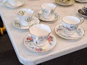 lot 54 image: Lot of (8) Salisbury Bouquet Eggshell Bone China Tea Cup and Saucer Sets (x4)