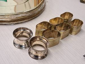 lot 67 image: Napkin Holders - (6) Brass, (2) Silver