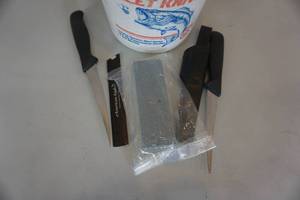 lot 54 image: 2 - American Angler Fillet Knives With Sharpening Stone and Vintage American Angler Pale