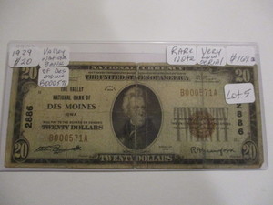 Nice 1929 $20 Valley National Bank of Des Moines note. Very RARE note. Low Serial # B000571A