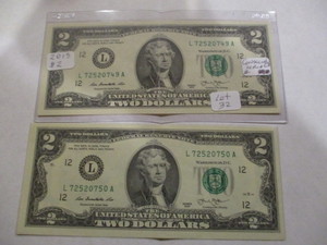 2013 Consecutive Serial Number $2 Federal Resrve Notes