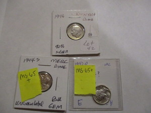 1946, 1944-s,1942 Silver Roosevelt Dimes. 1942 and 1944-s look MS65