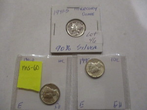1941-S, 1945-D, 1945 Silver Roosevelt Dimes. 1945d is MS60