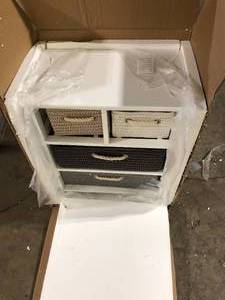 lot 32 image: 24 in. H x 19.5 in. W x 12 in. D White Storage Drawer Unit 4-Woven Basket Cabinet Chest Bedside Table Nightstand by Gymax   Customer Returns See Pictures