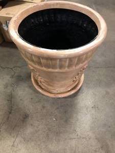 lot 33 image: 22.75 in. Dia in Aged Ivory Cast Stone Acanthus Pot with Saucer  Customer Returns See Pictures
