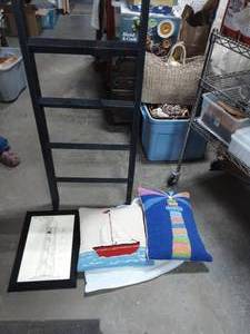 lot 32 image: 5 Decorative Blanket Ladder, 2-Quality Decorative Throw Pillows & Light House Picture