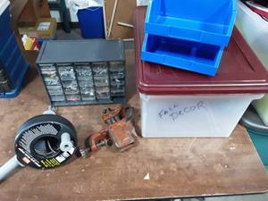 lot 33 image: 20 Drain Auger, TableCounter Vice, Organizer With Hardware Contents