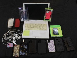 Apple iBook G4, ipod, phones and phone cases, untested