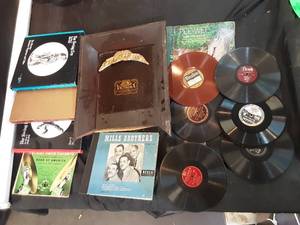 Vintage records and victrola top piece