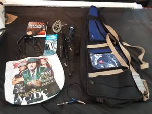 Music related Guitar case,music stand, books, microphones and bag